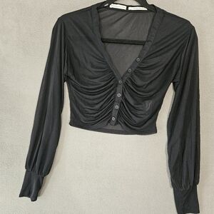 Urban Outfitters Womens Small Mesh Sheer Crop Top Shirt Buttons Long Sleeve Goth